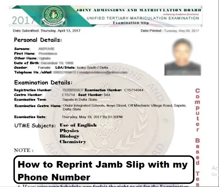 How to Reprint Jamb Slip with my Phone Number